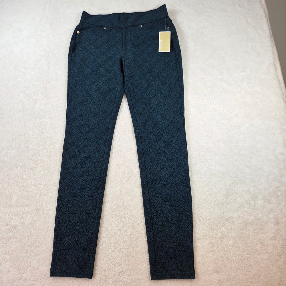 Michael Kors Luxe Teal Medallion Print Pull On Skinny Pants MF83E44A1F Womens S